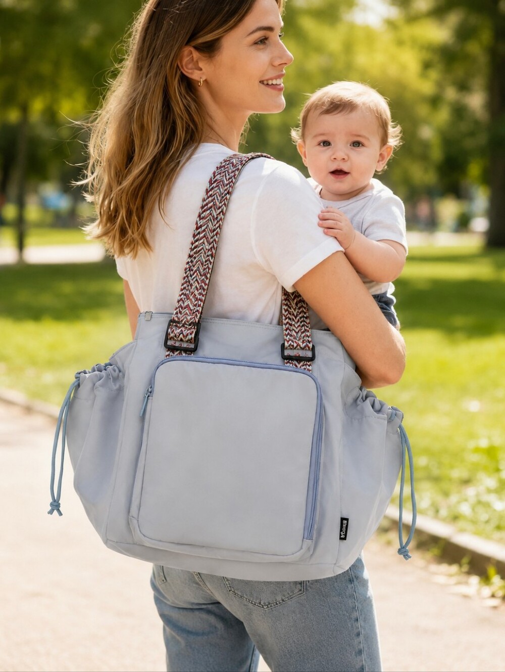 Light Blue Women's Tote/backpack  Bag with Patterned Straps